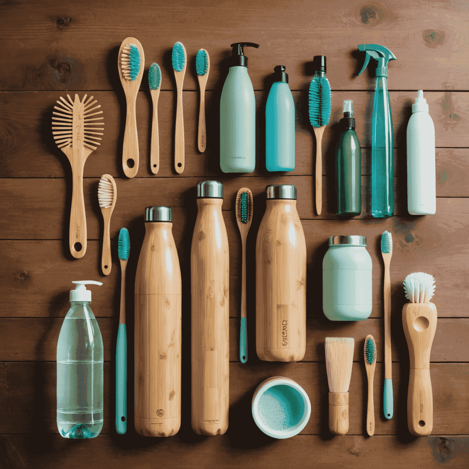 Verschiedene umweltfreundliche Produkte, darunter wiederverwendbare Wasserflaschen, Bambuszahnbürsten und Öko-Reinigungsmittel, ansprechend auf einem Holztisch arrangiert