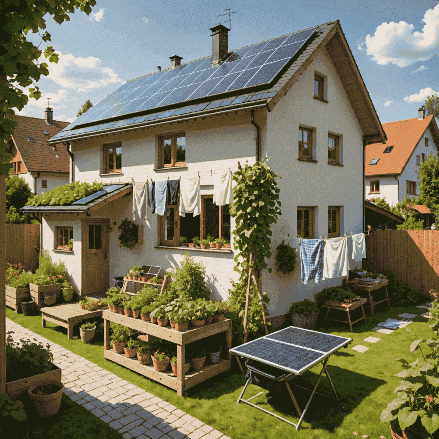Ein Bild von einem nachhaltigen deutschen Haushalt mit Solarpanelen auf dem Dach, einem Gemüsegarten im Vordergrund und einer Person, die Wäsche auf einer Leine aufhängt