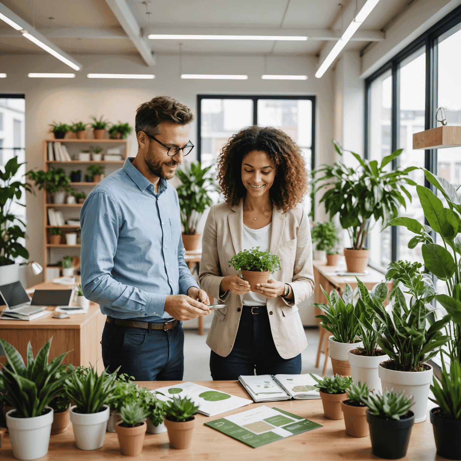 Ein Berater zeigt einem Kunden umweltfreundliche Produkte und erklärt nachhaltige Lebensweisen in einem hellen, mit Pflanzen dekorierten Büro