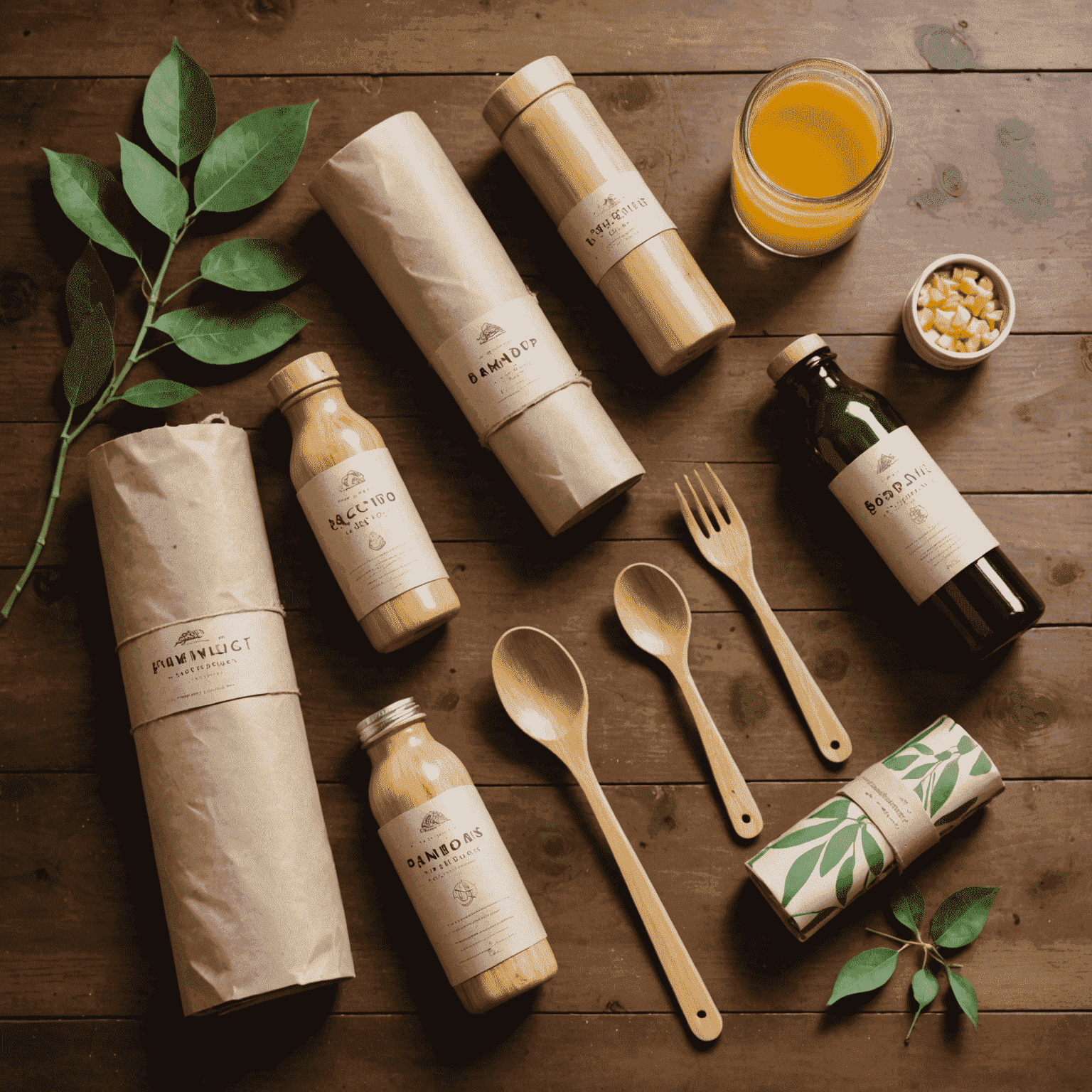 Eine Auswahl von umweltfreundlichen Geschenken, darunter ein Bambus-Besteckset, eine wiederverwendbare Wasserflasche und ein Set von Bienenwachstüchern
