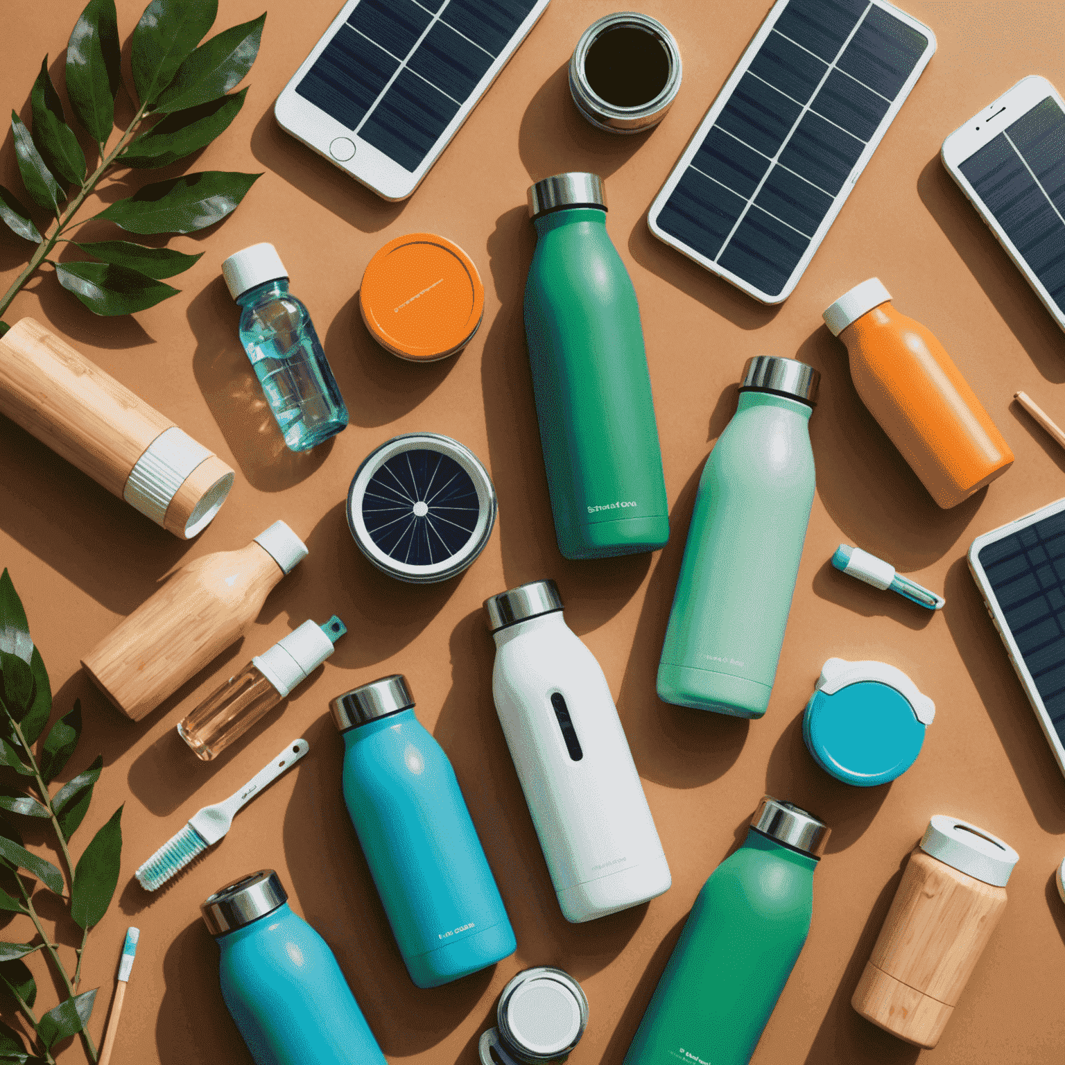 Bild von innovativen umweltfreundlichen Produkten wie wiederverwendbaren Wasserflaschen, Bambuszahnbürsten und Solarladegeräten