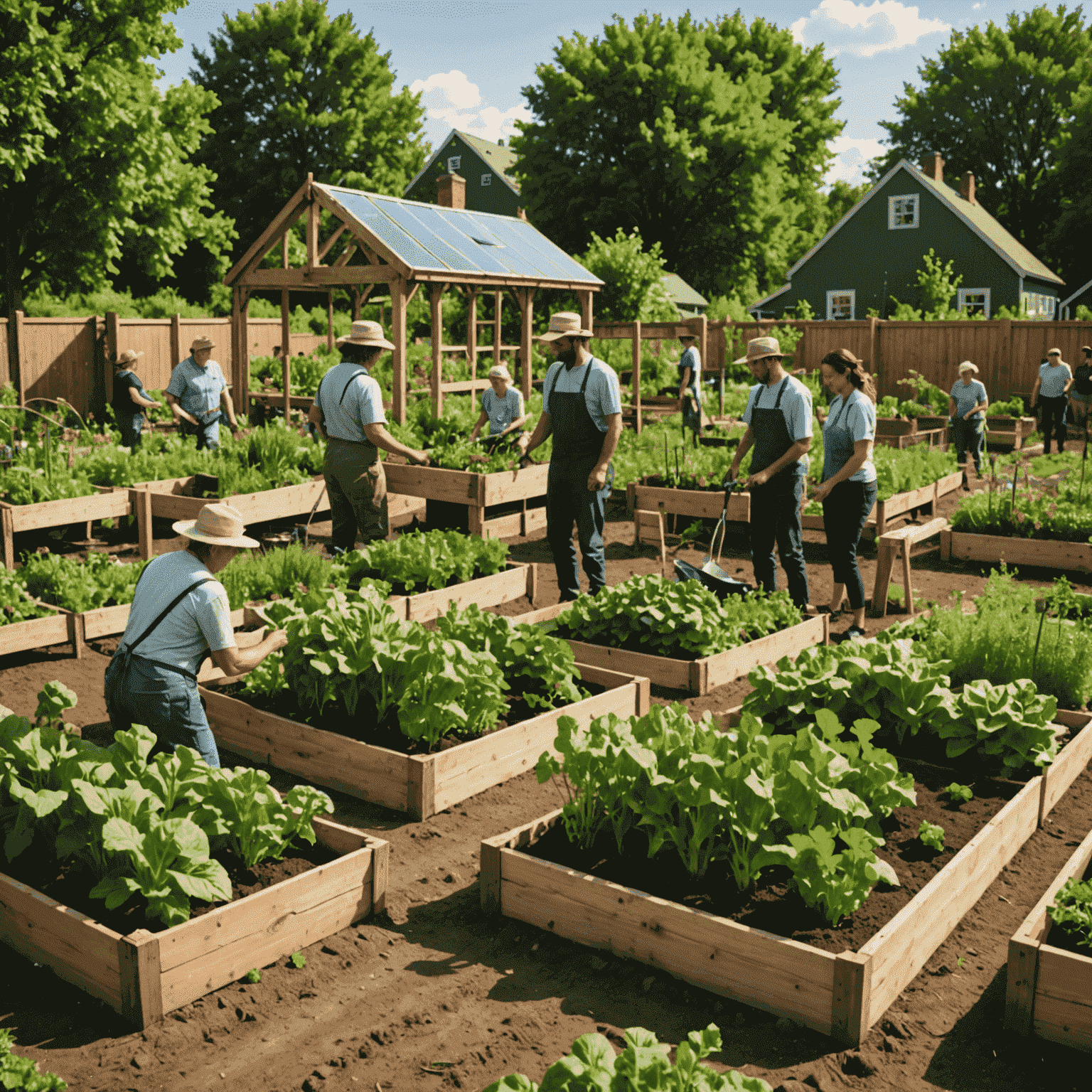 Gruppe von Bürgern, die gemeinsam in einem üppigen Gemeinschaftsgarten arbeiten, mit Hochbeeten und einer Vielfalt an Gemüse und Kräutern