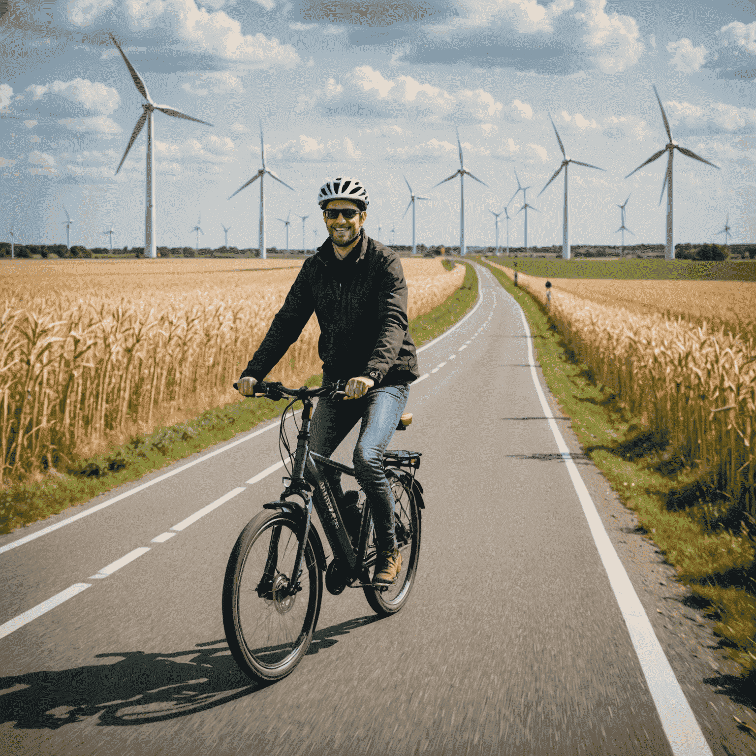Ein Bild von einer Person, die ein Elektrofahrrad auf einem deutschen Radweg fährt, im Hintergrund sind Windräder zu sehen