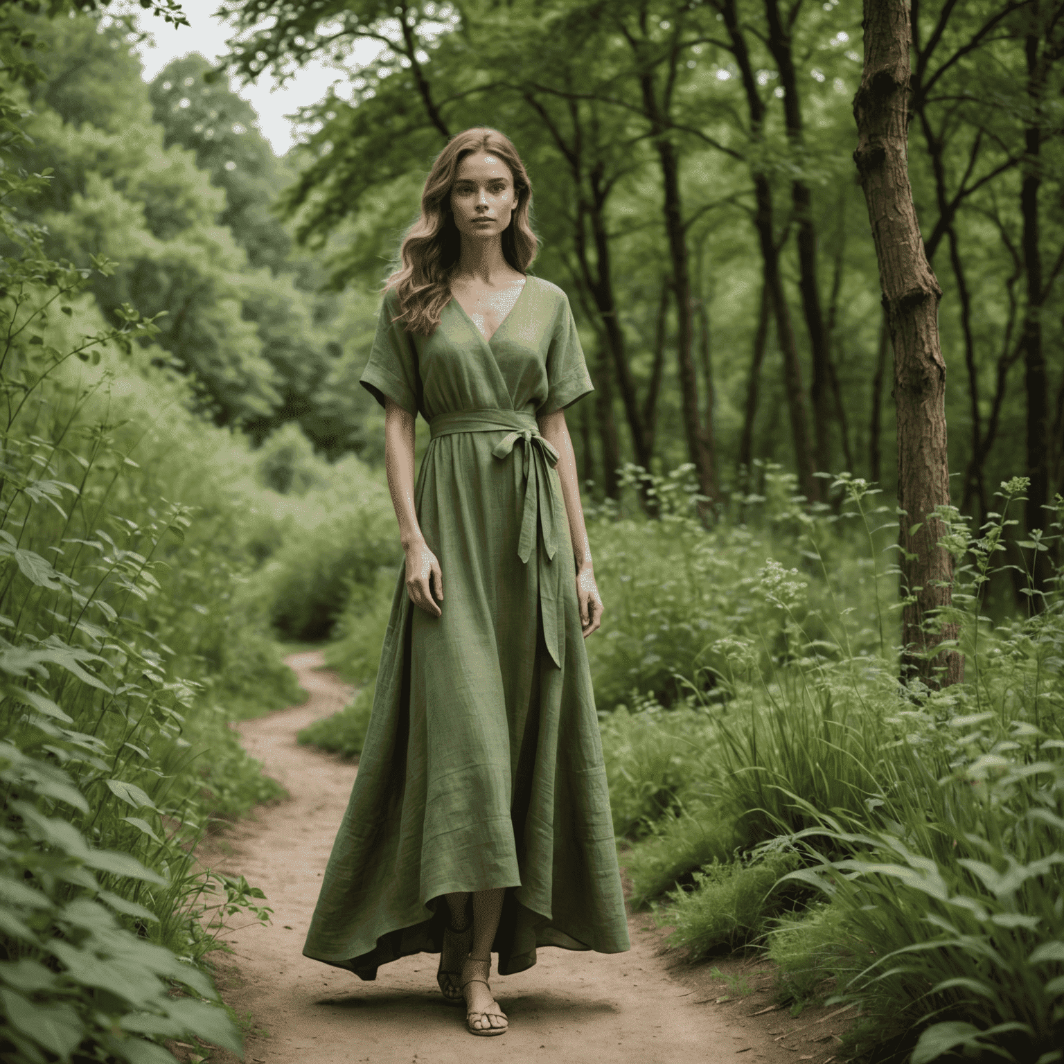 Ein Model trägt ein elegantes, fließendes Kleid aus Bio-Leinen in erdiger Farbe, umgeben von grüner Natur.