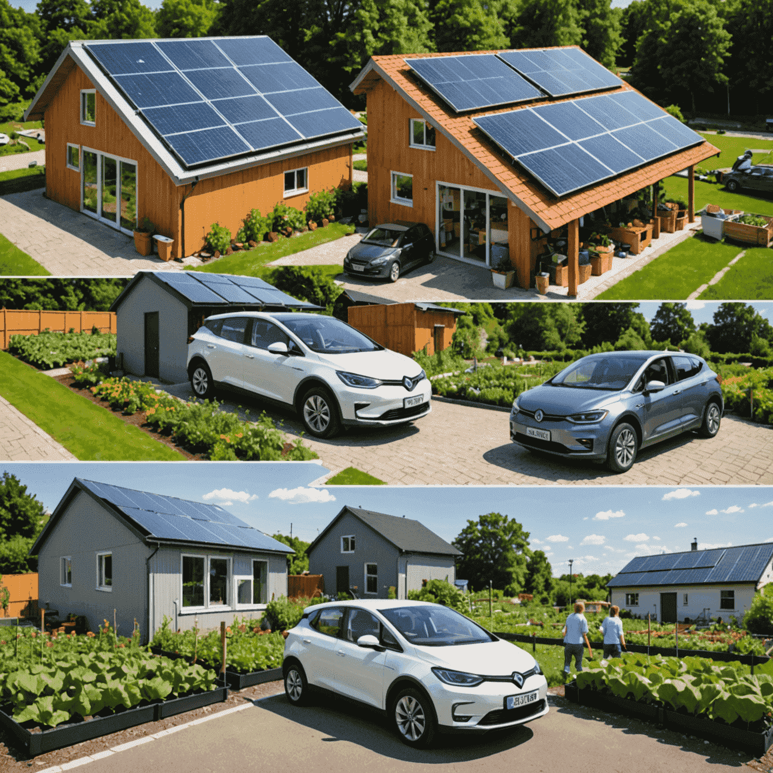 Collage von umweltfreundlichen Aktivitäten: Solarpanels auf einem Dach, ein Gemüsegarten, ein Elektroauto und eine Person, die Müll trennt