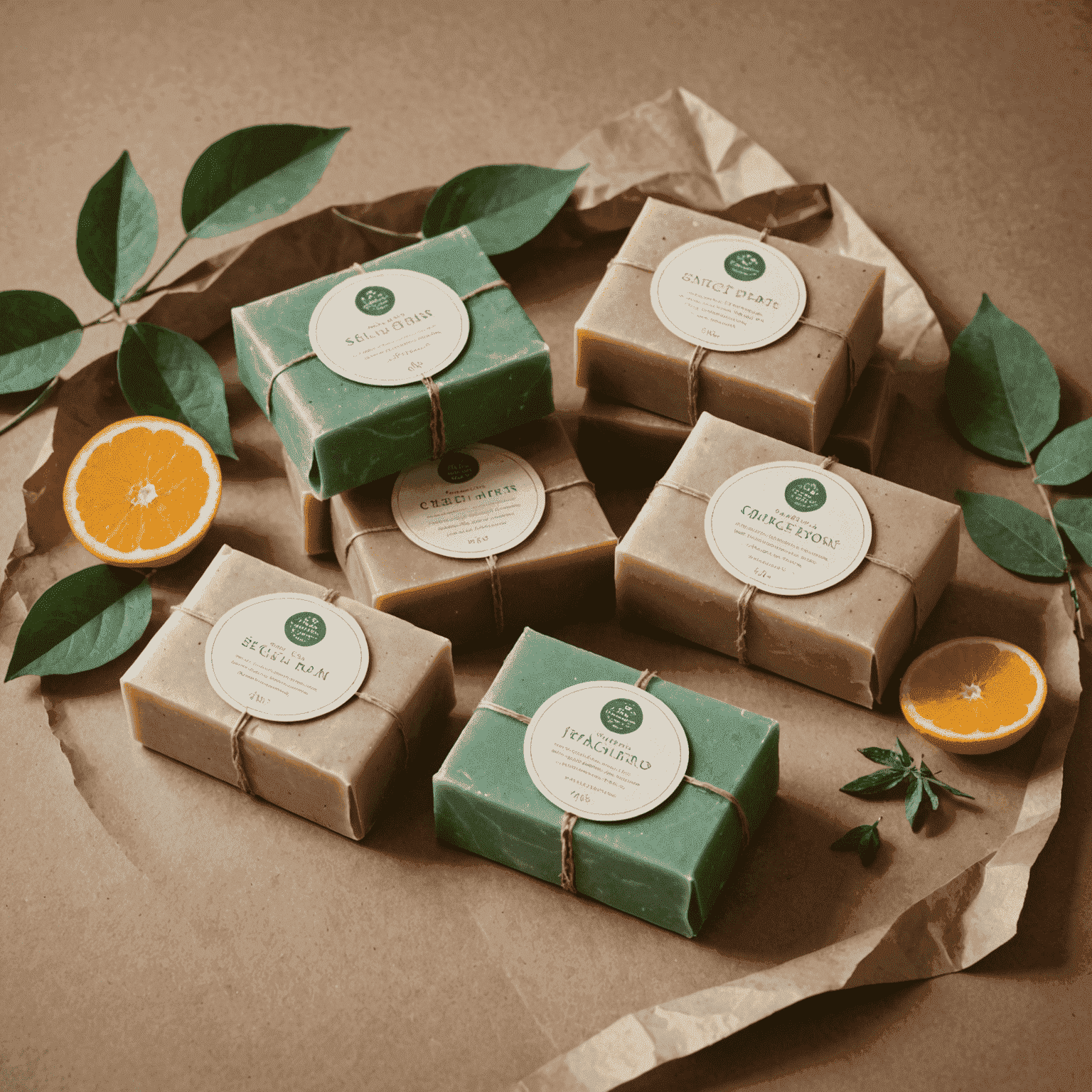 Ein Set von handgemachten Seifen aus natürlichen Inhaltsstoffen, verpackt in recyceltem Papier