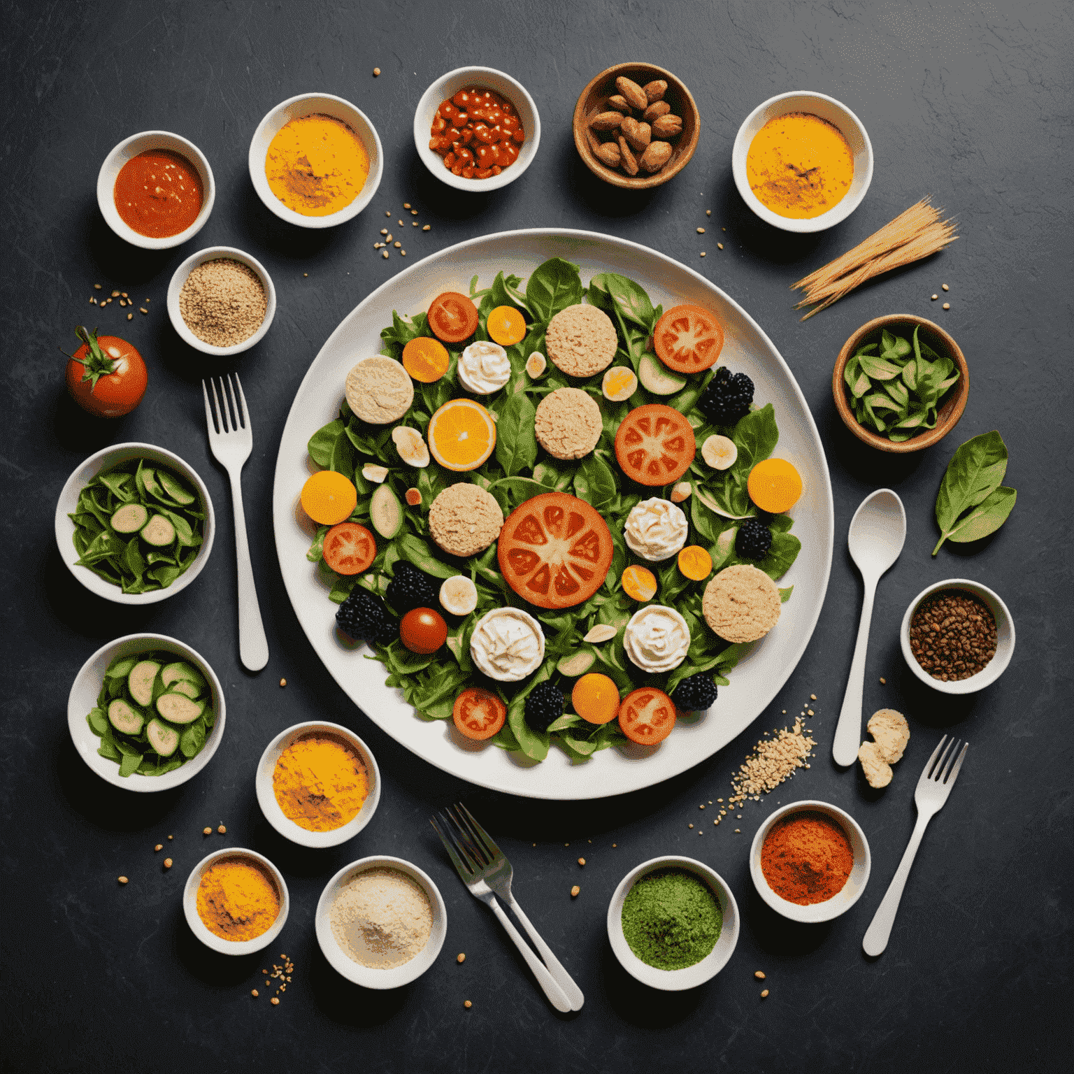 Eine Auswahl von essbaren Besteckteilen in verschiedenen Farben und Formen, hergestellt aus Getreidemehl. Sie liegen auf einem Teller neben einem Salat, um ihre praktische Anwendung zu demonstrieren.