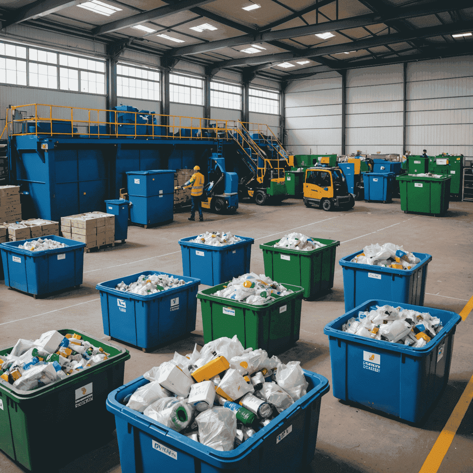 Moderne Recyclinganlage in Langerwisch mit sortierten Abfallcontainern und Mitarbeitern, die recycelbare Materialien verarbeiten
