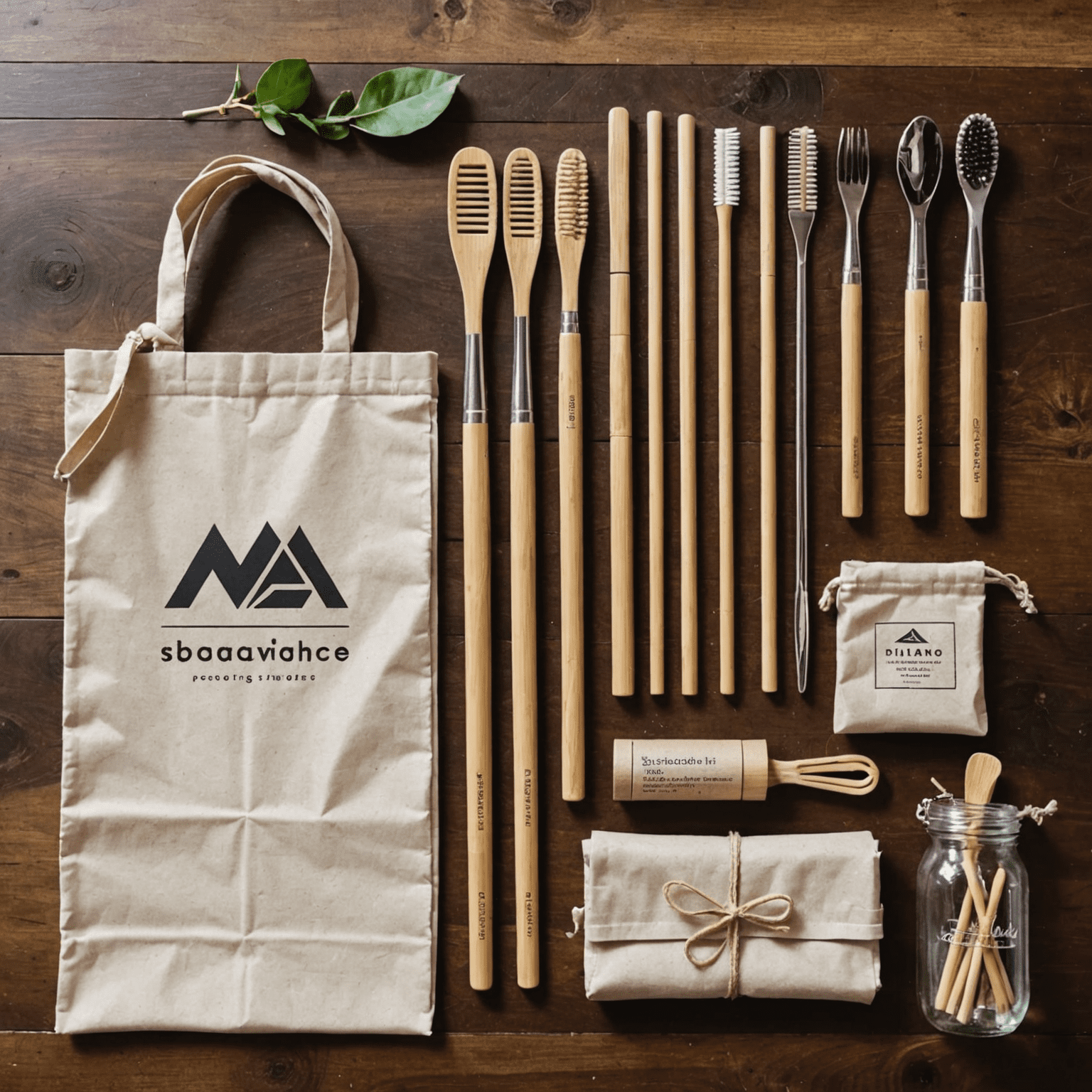 Ein Zero-Waste-Starter-Kit mit Bambuszahnbürste, wiederverwendbaren Einkaufstaschen und Edelstahlstrohhalmen