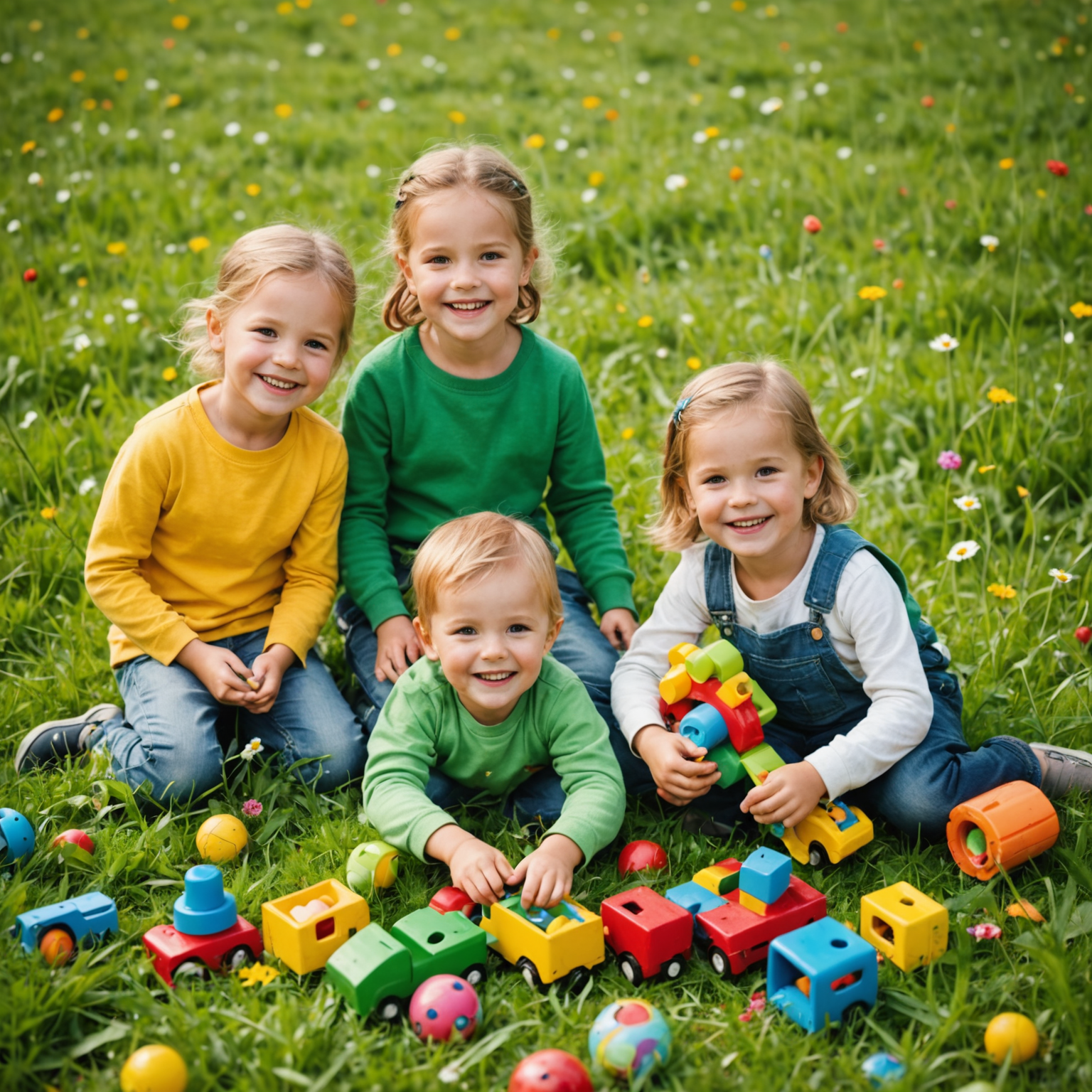 Lächelnde Kinder in bunter, biologischer Kleidung spielen auf einer grünen Wiese mit recycelten Spielzeugen.