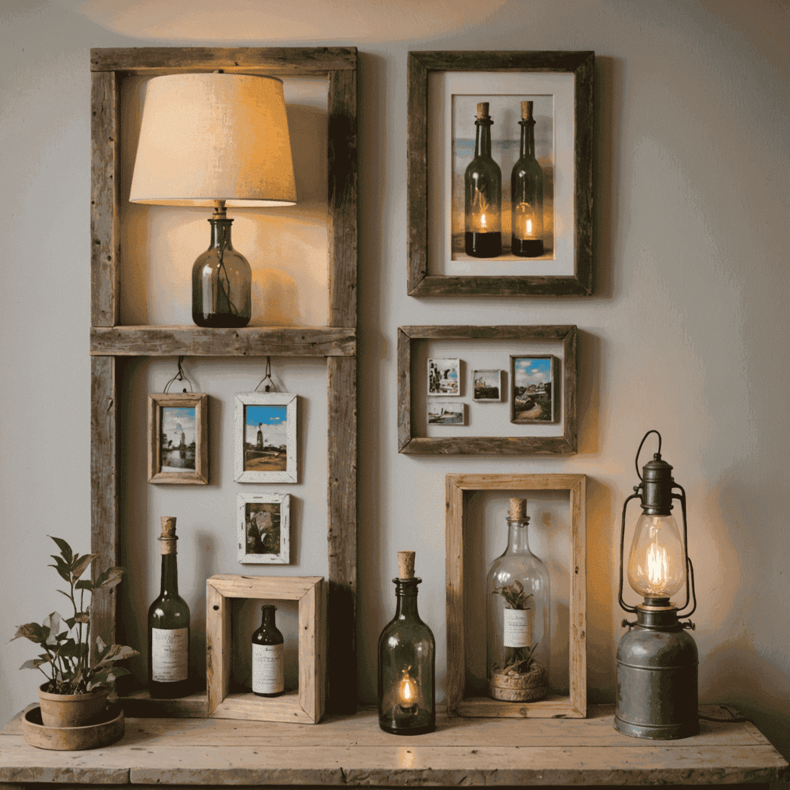 Eine Sammlung von Upcycling-Kunstwerken, darunter eine Lampe aus alten Glasflaschen und ein Bilderrahmen aus recyceltem Holz