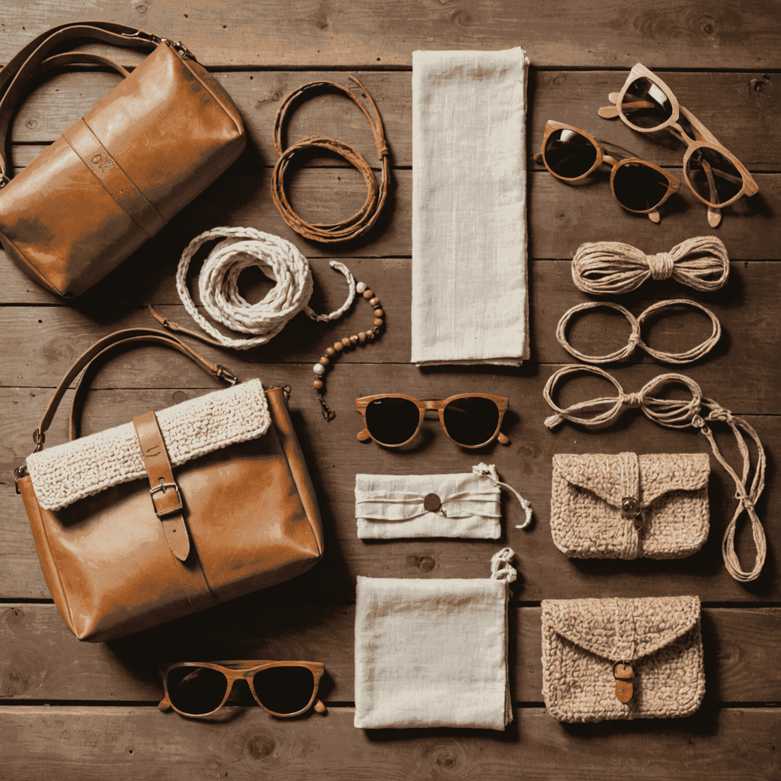 Eine Auslage verschiedener nachhaltiger Accessoires, darunter handgefertigte Taschen, Holzsonnenbrillen, Bio-Baumwollschals und Schmuck aus recycelten Materialien, präsentiert auf einem rustikalen Holztisch.
